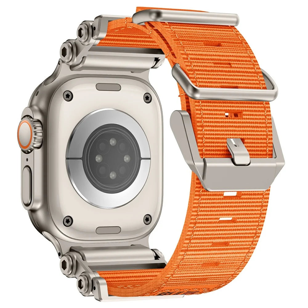 Watch Band For Apple Watch Ultra 3 2 1 49mm / Series 11 10 46mm / 9 8 7 45mm / SE3 SE2 SE 6 5 4 44mm / 3 2 1 42mm Gear Design Nylon Strap with Titanium Connector - Orange - 4