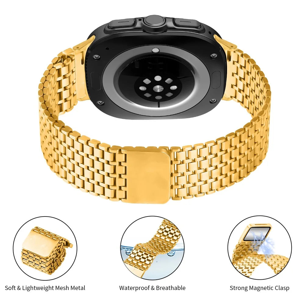 Colored Watch Band for Samsung Galaxy Watch Ultra (2025) 47mm / Ultra 47mm Stainless Steel Magnetic Nine-Bead Strap - Gold - 3