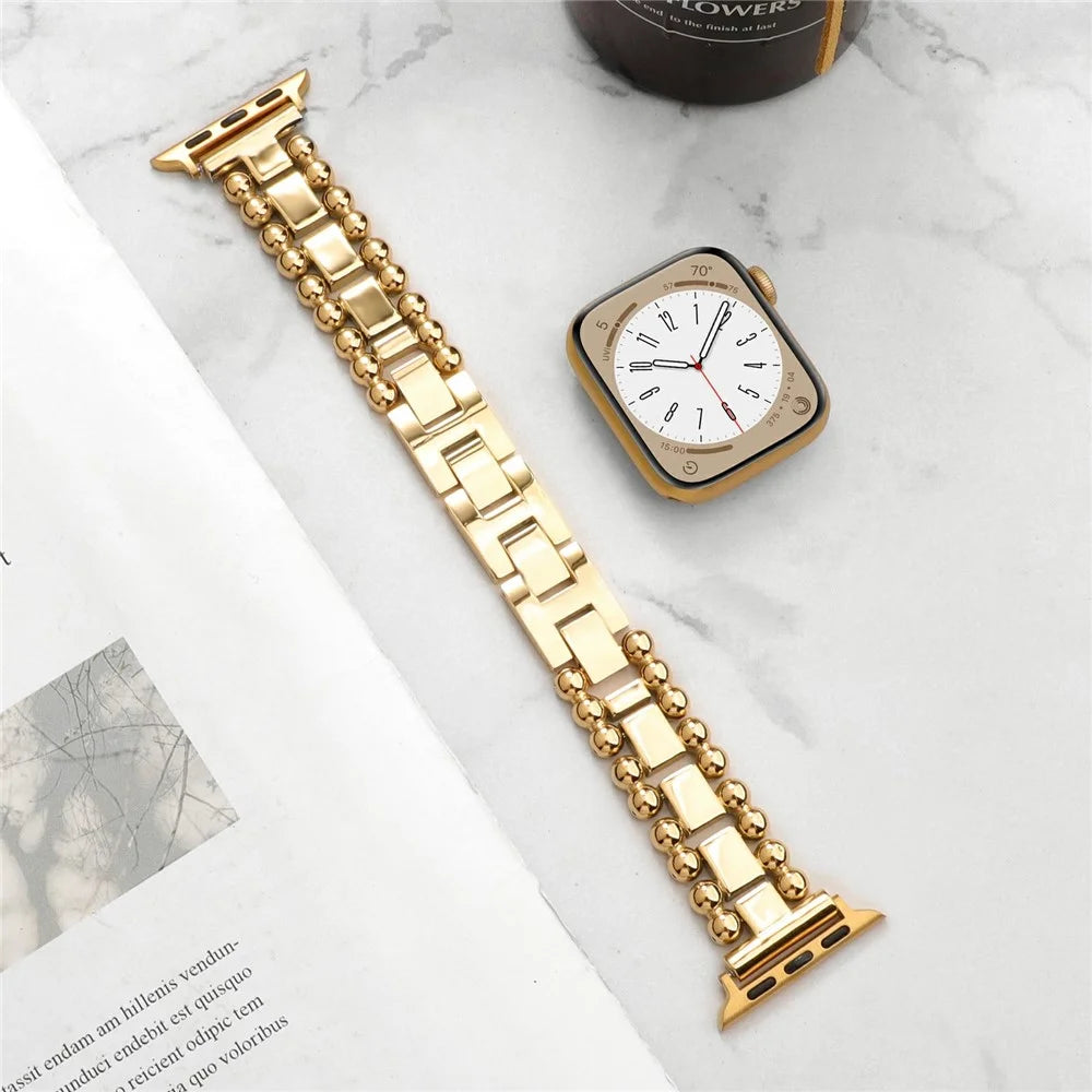 Watch Band for Apple Watch Ultra 3 2 1 49mm / Series 11 10 46mm / 9 8 7 45mm / SE3 SE2 SE 6 5 4 44mm / 3 2 1 42mm Side Beads Stainless Steel Wrist Strap - Gold - 4