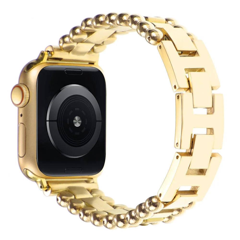 Watch Band for Apple Watch Series 11 10 42mm / 9 8 7 41mm / SE3 SE2 SE 6 5 4 40mm / 3 2 1 38mm Side Beads Stainless Steel Wrist Strap - Gold - 1