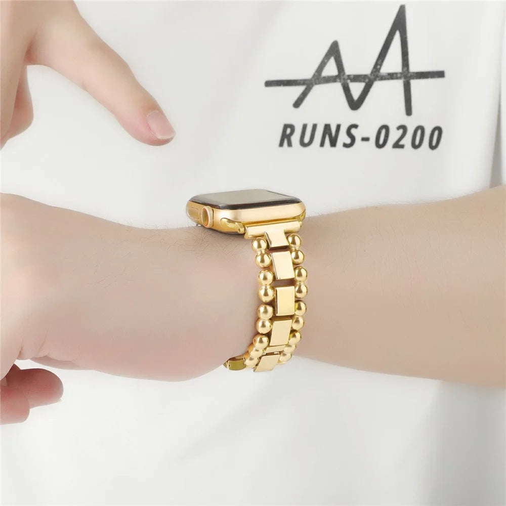 Watch Band for Apple Watch Series 11 10 42mm / 9 8 7 41mm / SE3 SE2 SE 6 5 4 40mm / 3 2 1 38mm Side Beads Stainless Steel Wrist Strap - Gold - 3