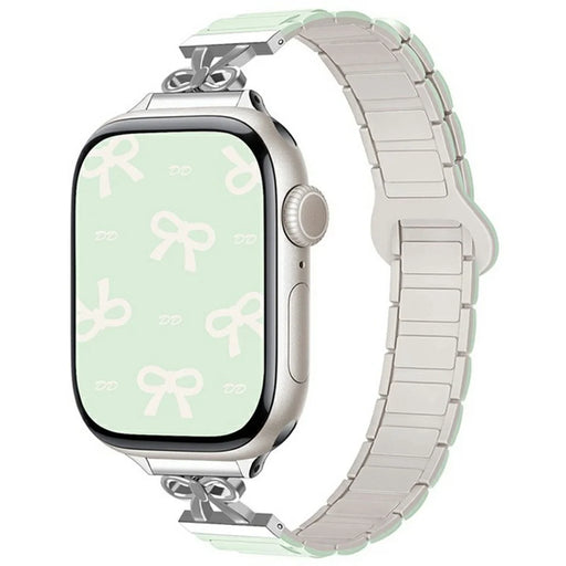 Bowknot Watch Strap for Apple Watch Series 11 10 42mm / 9 8 7 41mm / SE3 SE2 SE 6 5 4 40mm / 3 2 1 38mm Silicone Magnetic Band - Mint Green / Starlight - 2