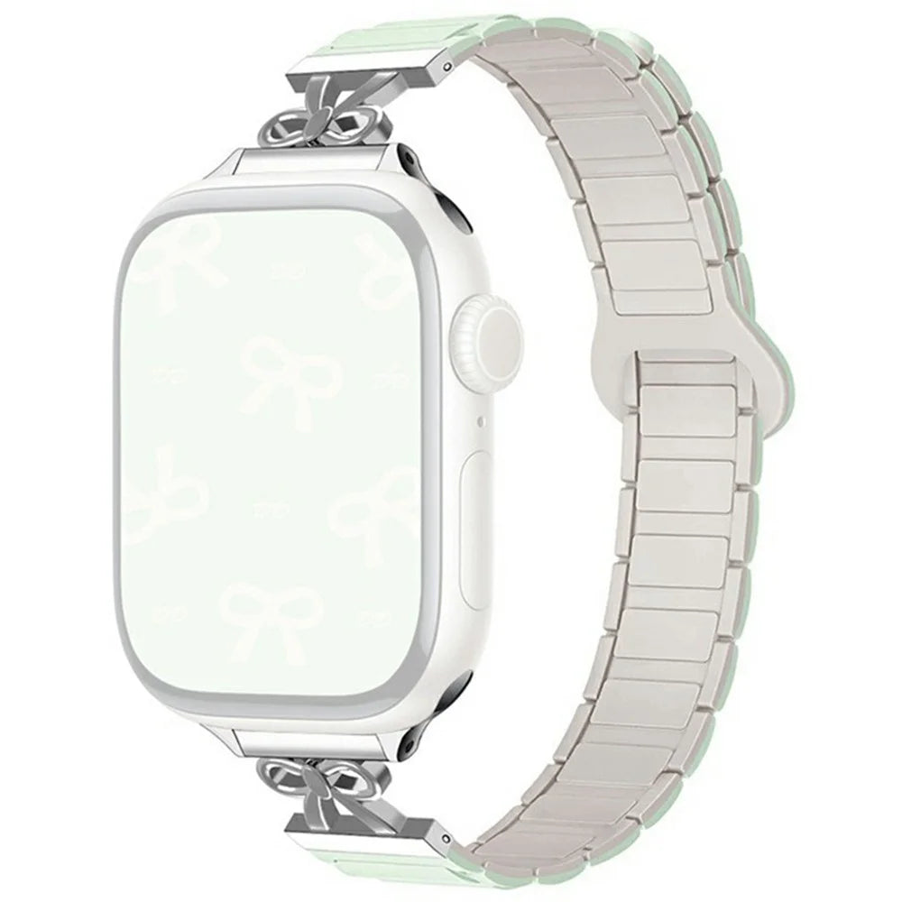 Bowknot Watch Strap for Apple Watch Ultra 3 2 1 49mm / Series 11 10 46mm / 9 8 7 45mm / SE3 SE2 SE 6 5 4 44mm / 3 2 1 42mm Silicone Magnetic Band - Mint Green / Starlight - 1