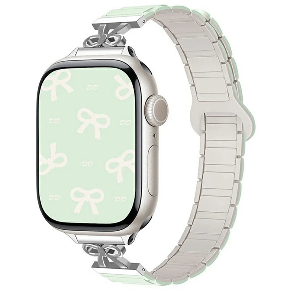 Bowknot Watch Strap for Apple Watch Ultra 3 2 1 49mm / Series 11 10 46mm / 9 8 7 45mm / SE3 SE2 SE 6 5 4 44mm / 3 2 1 42mm Silicone Magnetic Band - Mint Green / Starlight - 2