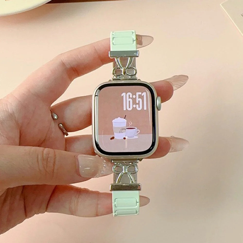 Bowknot Watch Strap for Apple Watch Ultra 3 2 1 49mm / Series 11 10 46mm / 9 8 7 45mm / SE3 SE2 SE 6 5 4 44mm / 3 2 1 42mm Silicone Magnetic Band - Mint Green / Starlight - 3