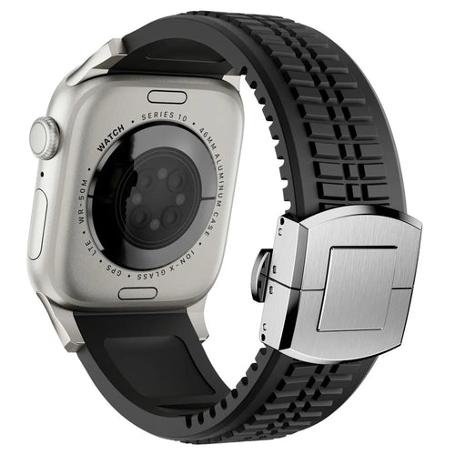 Watch Strap for Apple Watch Ultra 3 2 1 49mm / Series 11 10 46mm / 9 8 7 45mm / SE3 SE2 SE 6 5 4 44mm / 3 2 1 42mm Folding Buckle Silicone Band - Titanium / Black - 1
