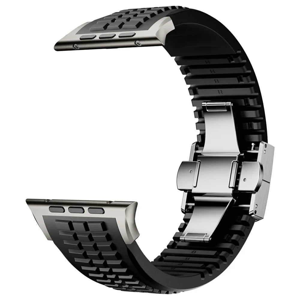 Watch Strap for Apple Watch Ultra 3 2 1 49mm / Series 11 10 46mm / 9 8 7 45mm / SE3 SE2 SE 6 5 4 44mm / 3 2 1 42mm Folding Buckle Silicone Band - Titanium / Black - 3