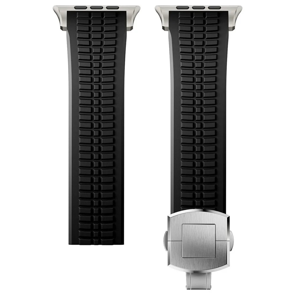 Watch Strap for Apple Watch Ultra 3 2 1 49mm / Series 11 10 46mm / 9 8 7 45mm / SE3 SE2 SE 6 5 4 44mm / 3 2 1 42mm Folding Buckle Silicone Band - Titanium / Black - 4