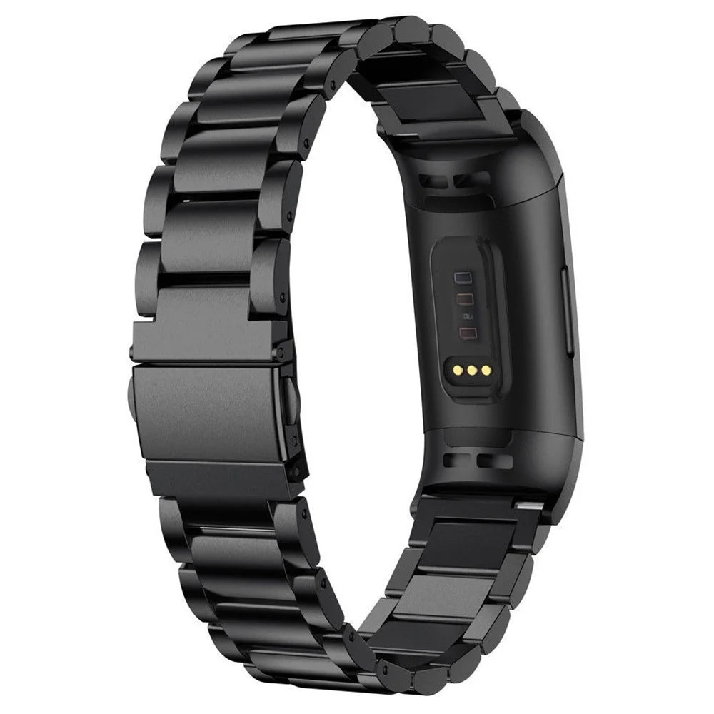 Watch Band for Fitbit Charge 4 / 3 Titanium Alloy 3-Bead Wrist Strap - Black - 1