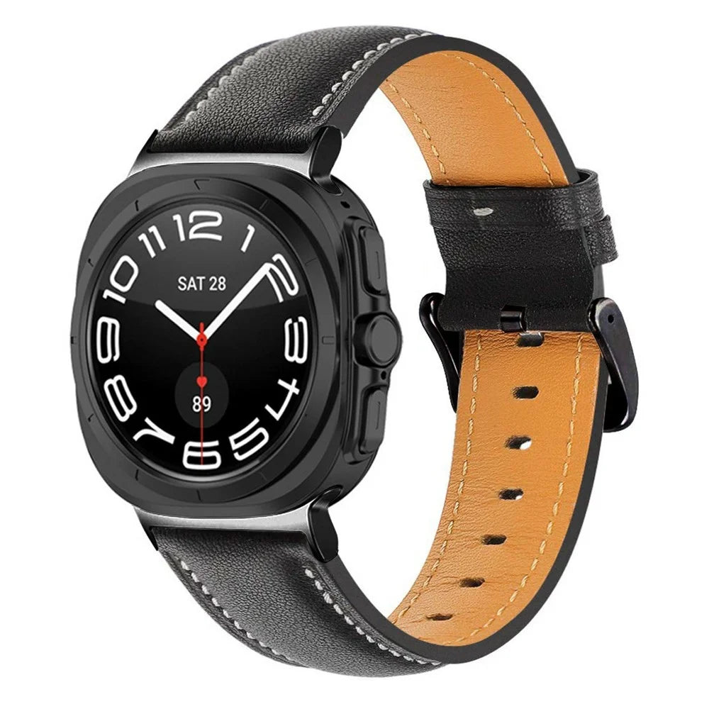 For Samsung Galaxy Watch Ultra (2025) 47mm / Ultra 47mm Band Genuine Cow Leather Stitching Line Watch Strap - Black - 3