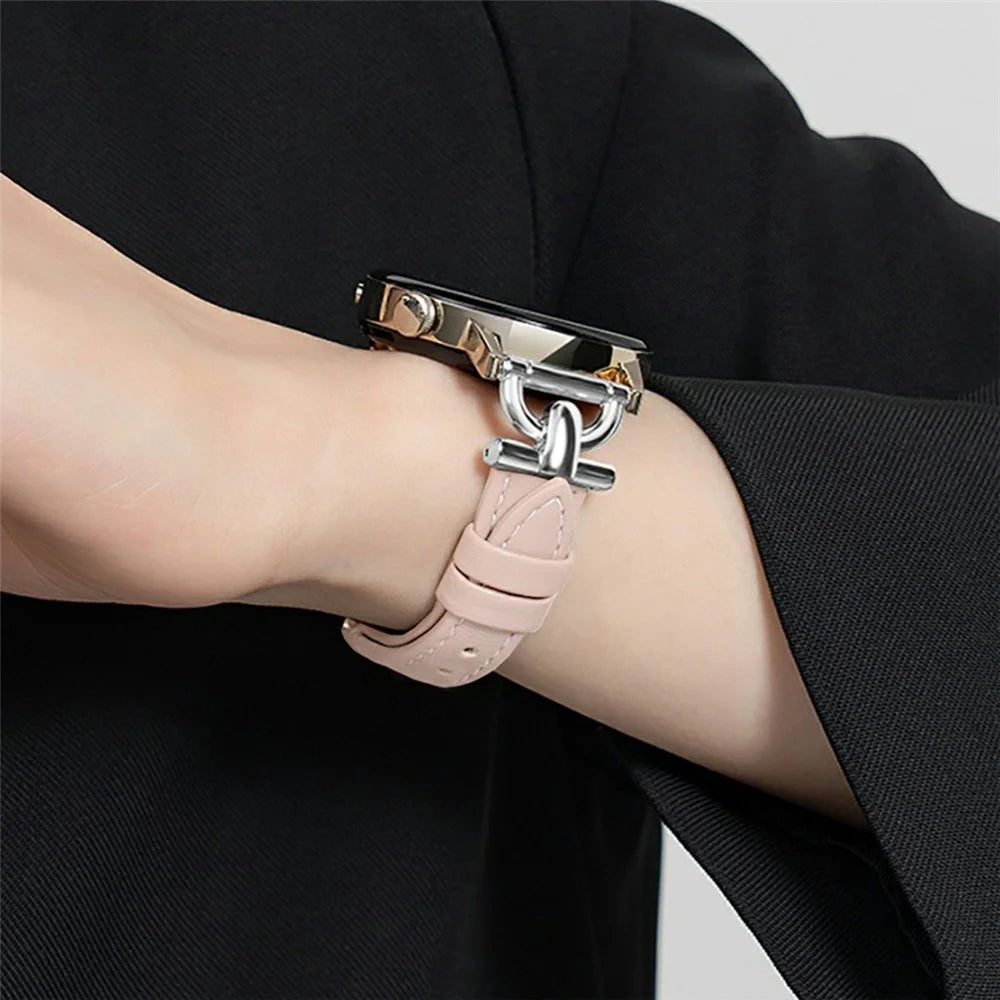 For Huawei Watch GT 5 46mm / Samsung Galaxy Watch3 45mm Band 22mm Genuine Cow Leather Watch Strap with D-shape Connector - Light Pink - 4