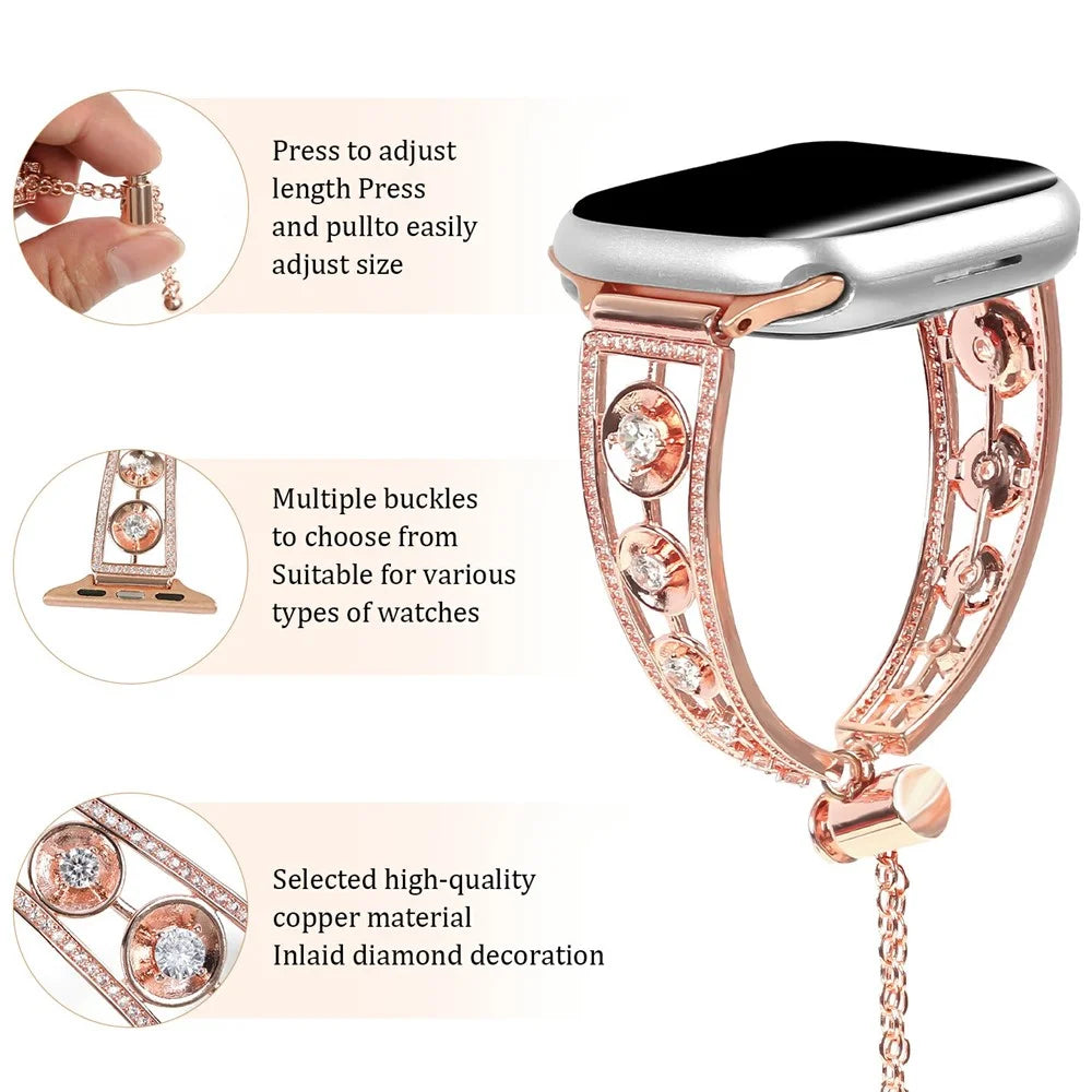 Copper Watch Band for Apple Watch Series 11 10 42mm / 9 8 7 41mm / SE3 SE2 SE 6 5 4 40mm / 3 2 1 38mm Zircon Decor Wrist Strap - Rose Gold - 3