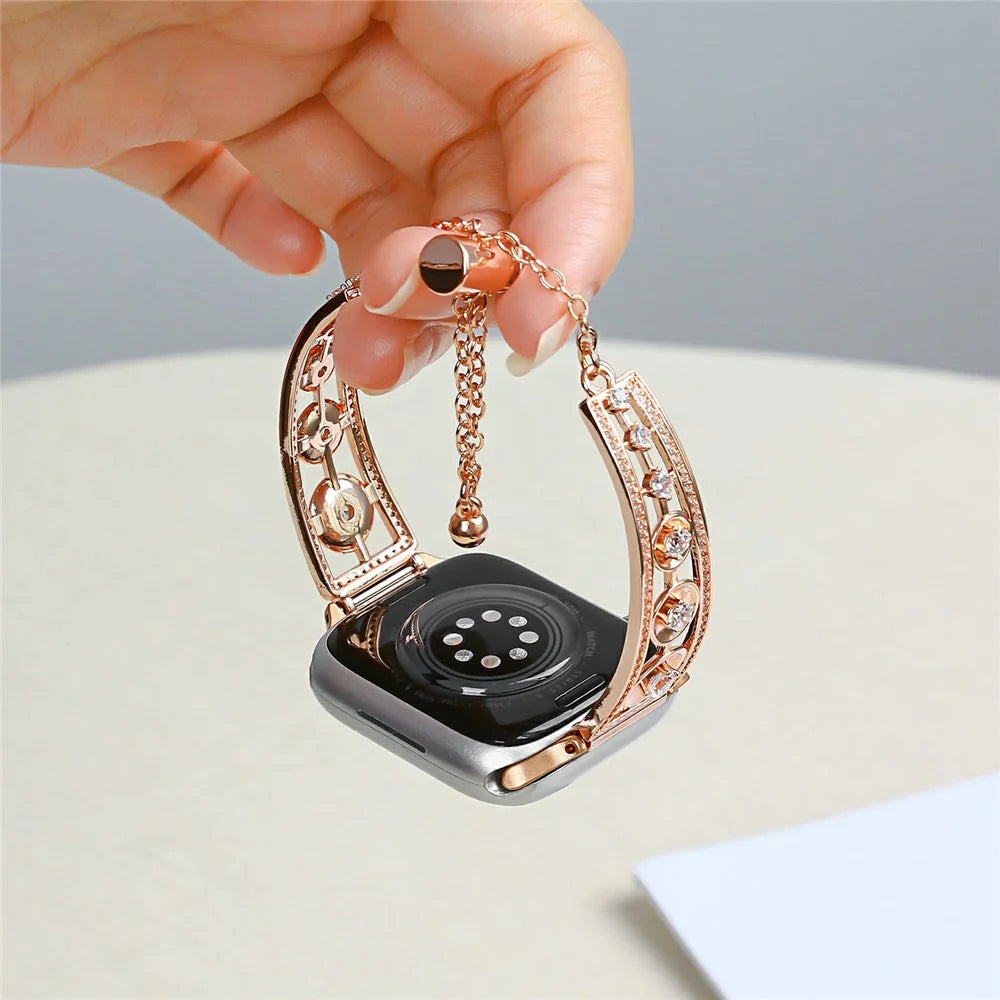 Copper Watch Band for Apple Watch Series 11 10 42mm / 9 8 7 41mm / SE3 SE2 SE 6 5 4 40mm / 3 2 1 38mm Zircon Decor Wrist Strap - Rose Gold - 6