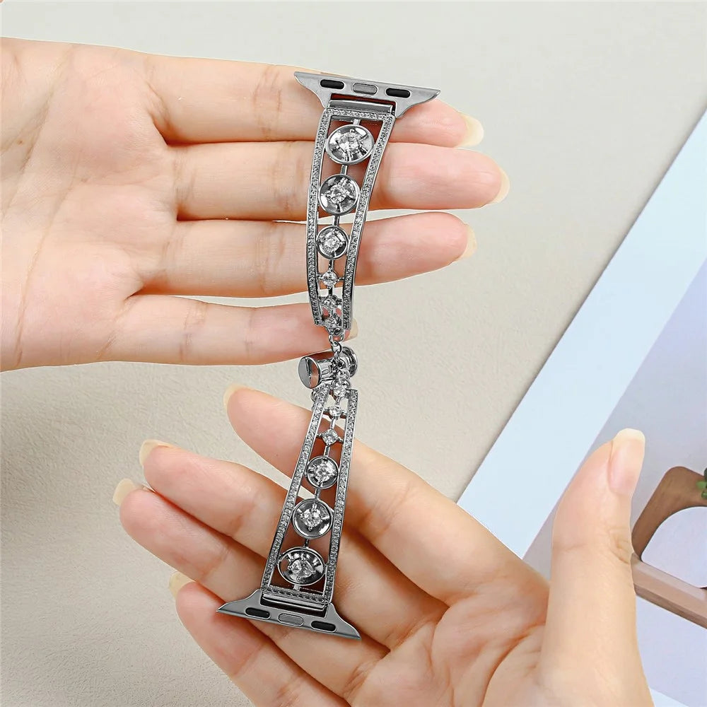 Copper Watch Band for Apple Watch Series 11 10 42mm / 9 8 7 41mm / SE3 SE2 SE 6 5 4 40mm / 3 2 1 38mm Zircon Decor Wrist Strap - Rose Gold - 7