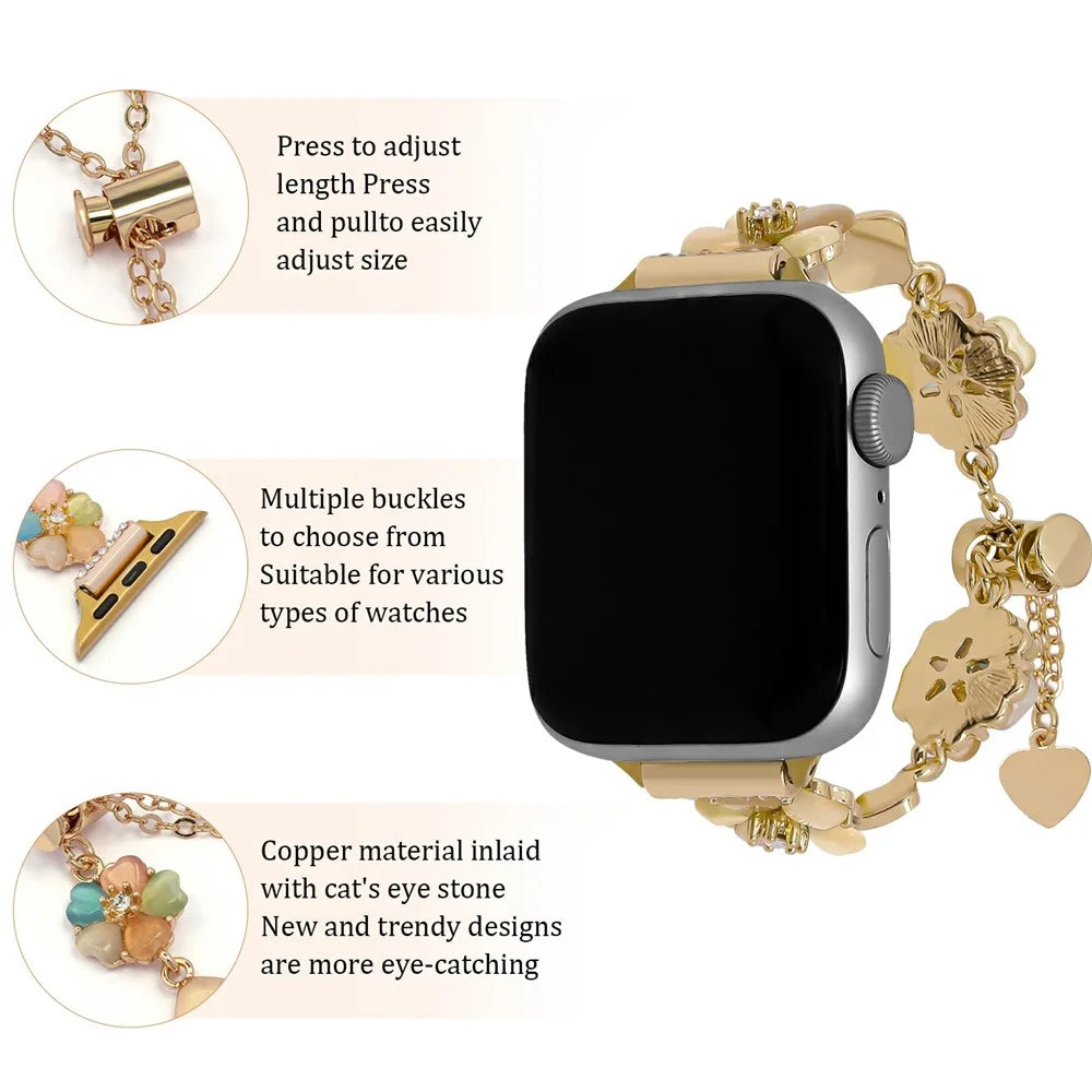 Clover Watch Band for Apple Watch Series 11 10 42mm / 9 8 7 41mm / SE3 SE2 SE 6 5 4 40mm / 3 2 1 38mm Alloy Chain Strap Wristlet - Gold / Gold - 3