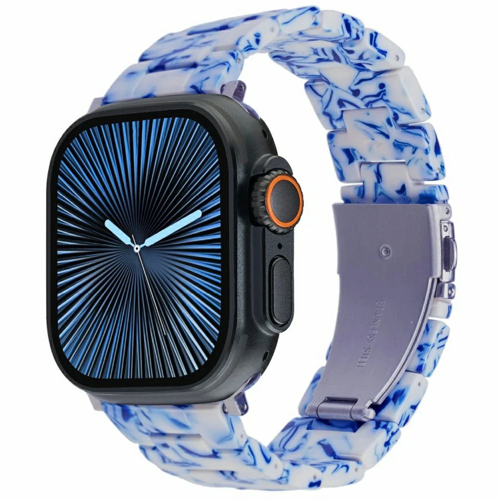 LEMONDA Resin Watch Band for Apple Watch Ultra 3 2 1 49mm / Series 11 10 46mm / 9 8 7 45mm / SE3 SE2 SE 6 5 4 44mm / 3 2 1 42mm 3-Bead Wrist Strap - Blue White - 2