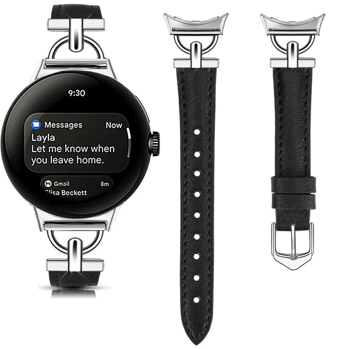 For Google Pixel Watch 4 45mm / Watch 3 45mm Watch Band Genuine Cow Leather Strap with D Ring Connector - Black - 3
