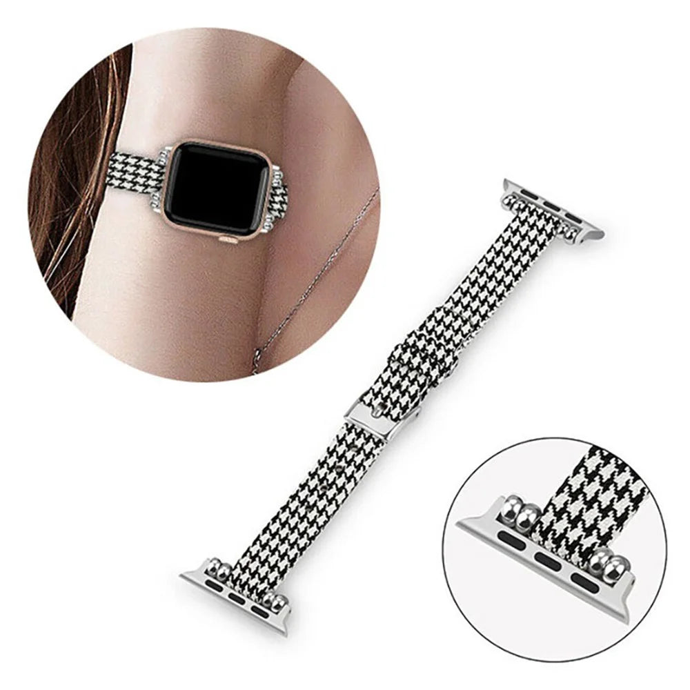 Canvas Woven Watch Strap for Apple Watch Ultra 3 2 1 49mm / Series 11 10 46mm / 9 8 7 45mm / SE3 SE2 SE 6 5 4 44mm / 3 2 1 42mm Adjustable Band - Black  /  White - 4