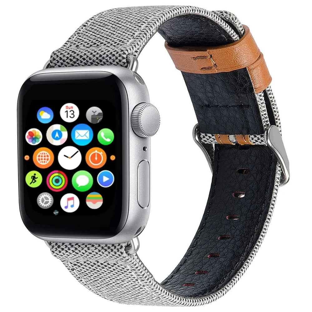Watch Strap for Apple Watch Ultra 3 2 1 49mm / Series 11 10 46mm / 9 8 7 45mm / SE3 SE2 SE 6 5 4 44mm / 3 2 1 42mm Canvas + Genuine Cow Leather Band - Beige - 2