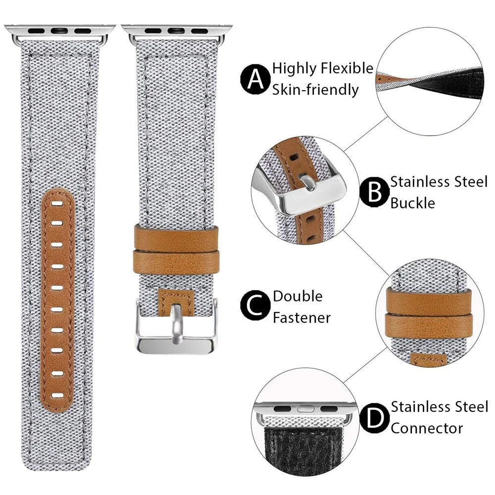 Watch Strap for Apple Watch Ultra 3 2 1 49mm / Series 11 10 46mm / 9 8 7 45mm / SE3 SE2 SE 6 5 4 44mm / 3 2 1 42mm Canvas + Genuine Cow Leather Band - Beige - 3