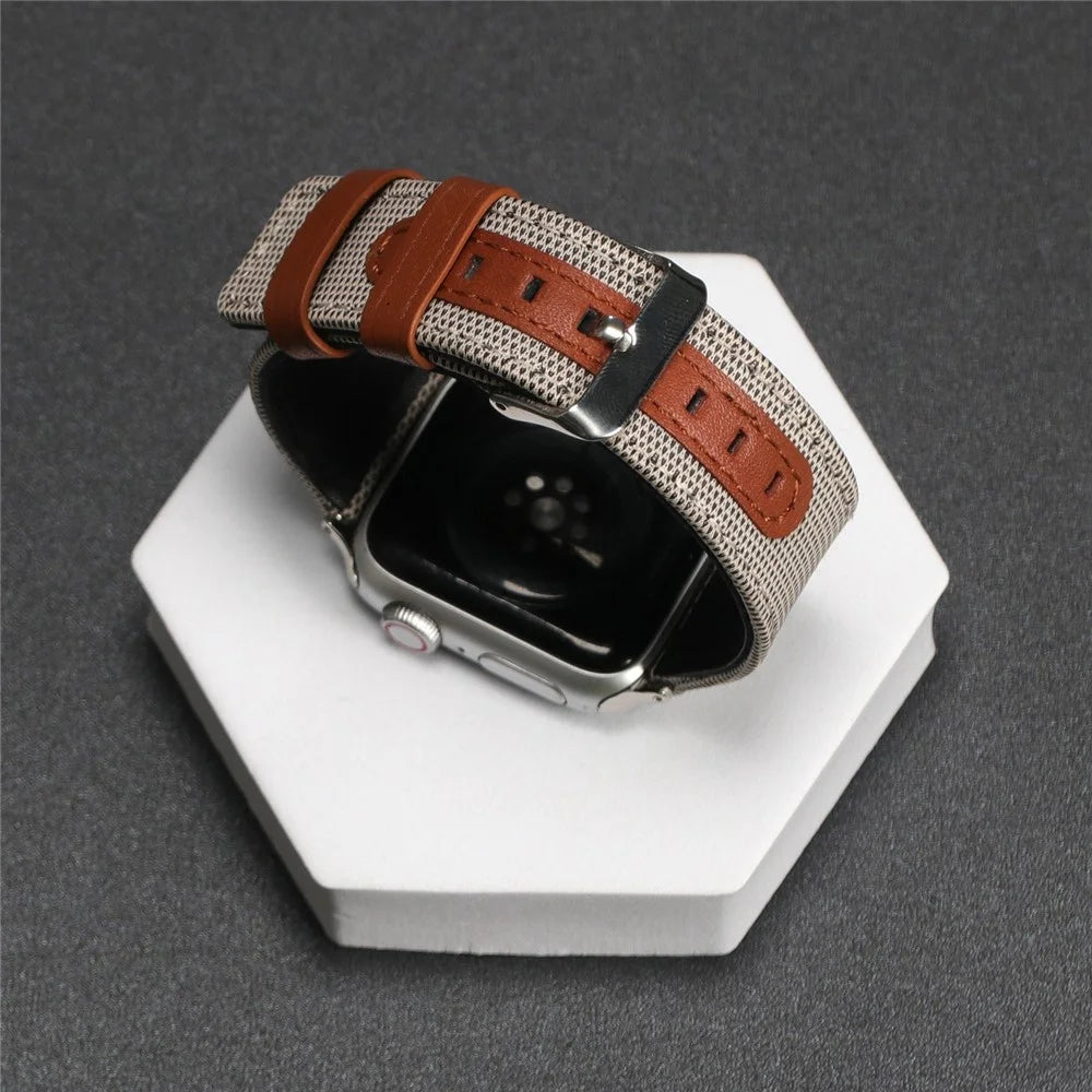 Watch Strap for Apple Watch Ultra 3 2 1 49mm / Series 11 10 46mm / 9 8 7 45mm / SE3 SE2 SE 6 5 4 44mm / 3 2 1 42mm Canvas + Genuine Cow Leather Band - Beige - 4