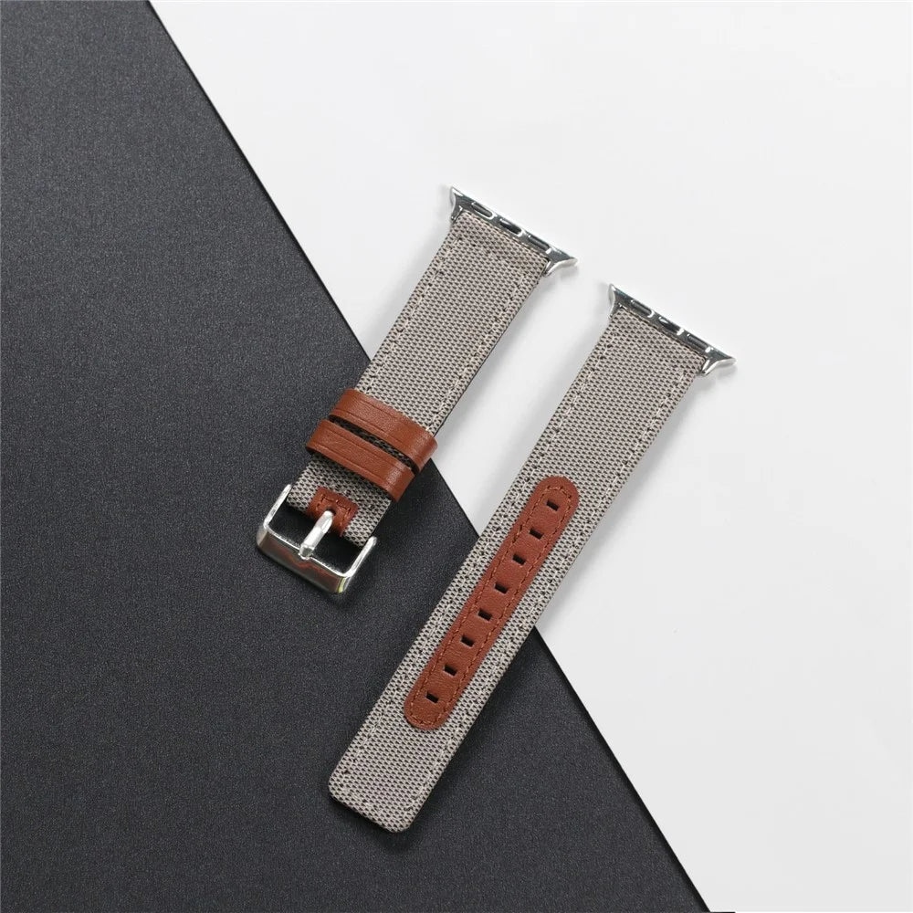 Watch Strap for Apple Watch Ultra 3 2 1 49mm / Series 11 10 46mm / 9 8 7 45mm / SE3 SE2 SE 6 5 4 44mm / 3 2 1 42mm Canvas + Genuine Cow Leather Band - Beige - 5