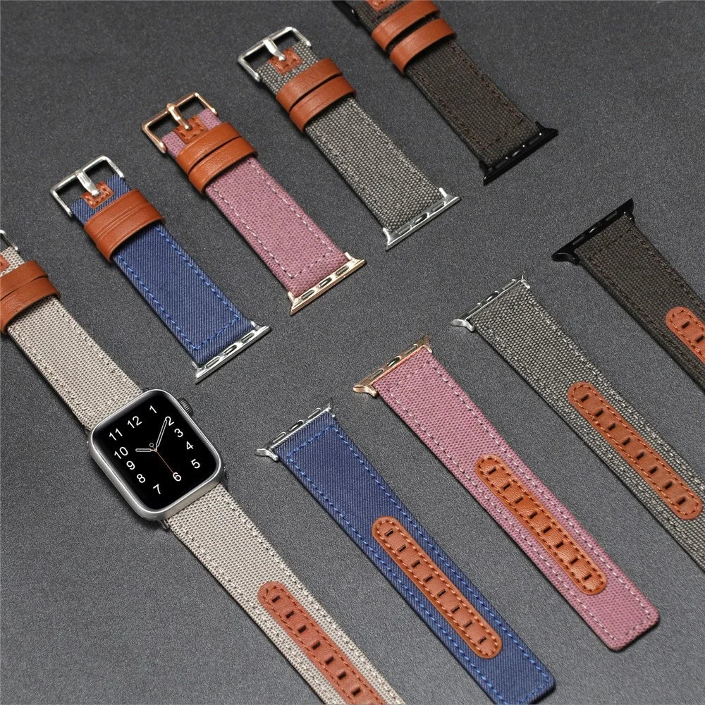 Watch Strap for Apple Watch Ultra 3 2 1 49mm / Series 11 10 46mm / 9 8 7 45mm / SE3 SE2 SE 6 5 4 44mm / 3 2 1 42mm Canvas + Genuine Cow Leather Band - Beige - 6