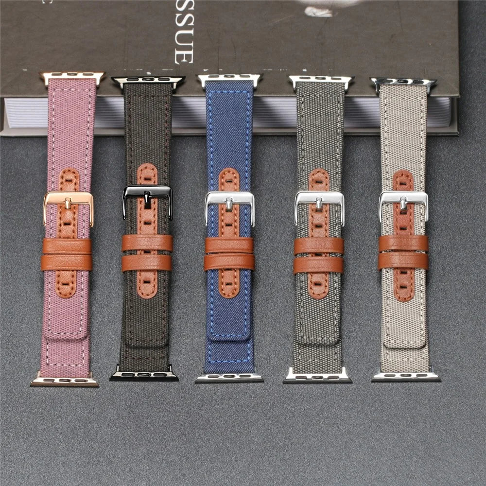 Watch Strap for Apple Watch Ultra 3 2 1 49mm / Series 11 10 46mm / 9 8 7 45mm / SE3 SE2 SE 6 5 4 44mm / 3 2 1 42mm Canvas + Genuine Cow Leather Band - Beige - 7