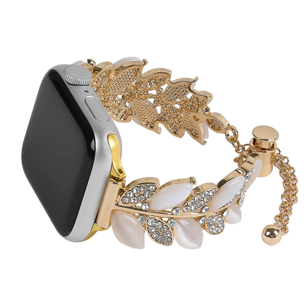 Alloy Watch Band for Apple Watch Series 11 10 42mm / 9 8 7 41mm / SE3 SE2 SE 6 5 4 40mm / 3 2 1 38mm Leaf Style Rhinestone Decor Strap - Gold - 2