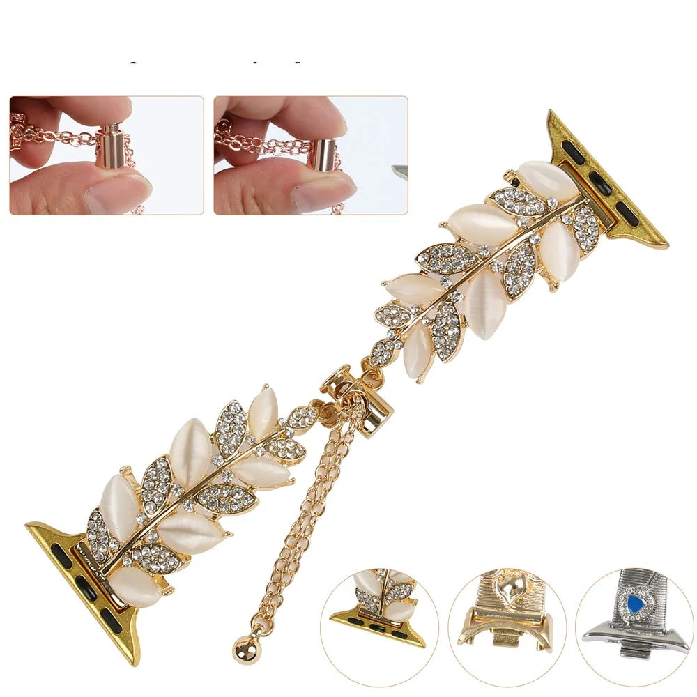 Alloy Watch Band for Apple Watch Series 11 10 42mm / 9 8 7 41mm / SE3 SE2 SE 6 5 4 40mm / 3 2 1 38mm Leaf Style Rhinestone Decor Strap - Gold - 3