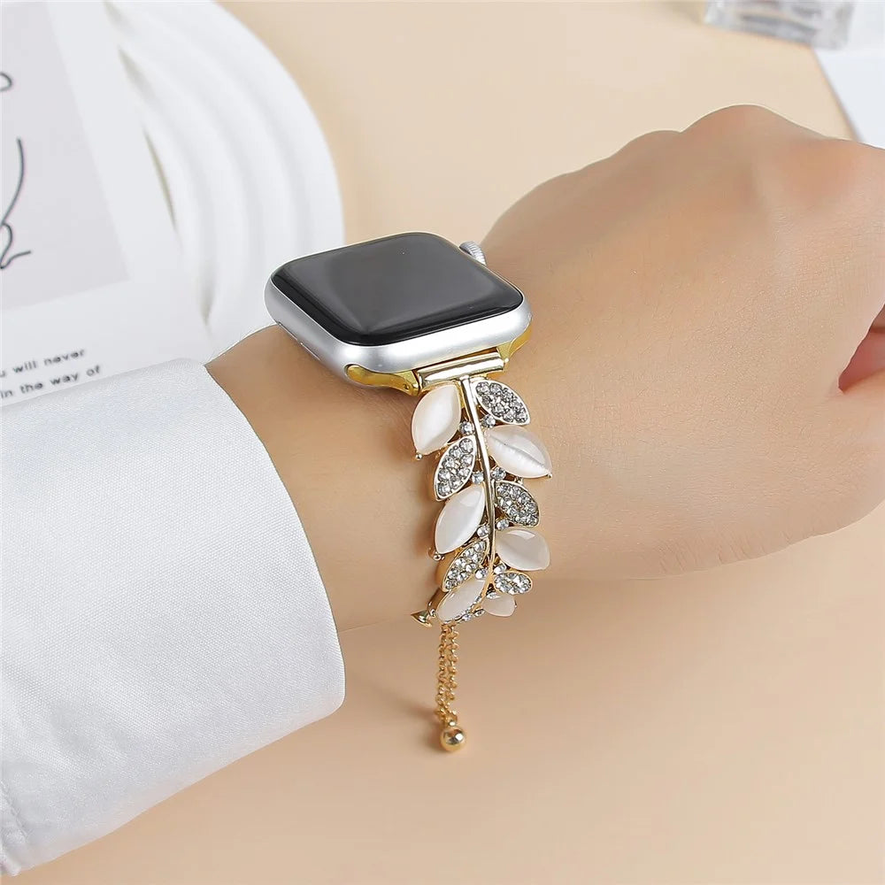 Alloy Watch Band for Apple Watch Series 11 10 42mm / 9 8 7 41mm / SE3 SE2 SE 6 5 4 40mm / 3 2 1 38mm Leaf Style Rhinestone Decor Strap - Gold - 6