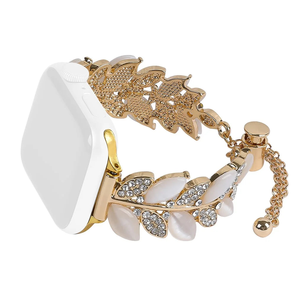 Alloy Watch Band for Apple Watch Apple Watch Ultra 3 2 1 49mm / Series 11 10 46mm / 9 8 7 45mm / SE3 SE2 SE 6 5 4 44mm / 3 2 1 42mm Leaf Style Rhinestone Decor Strap - Gold - 1