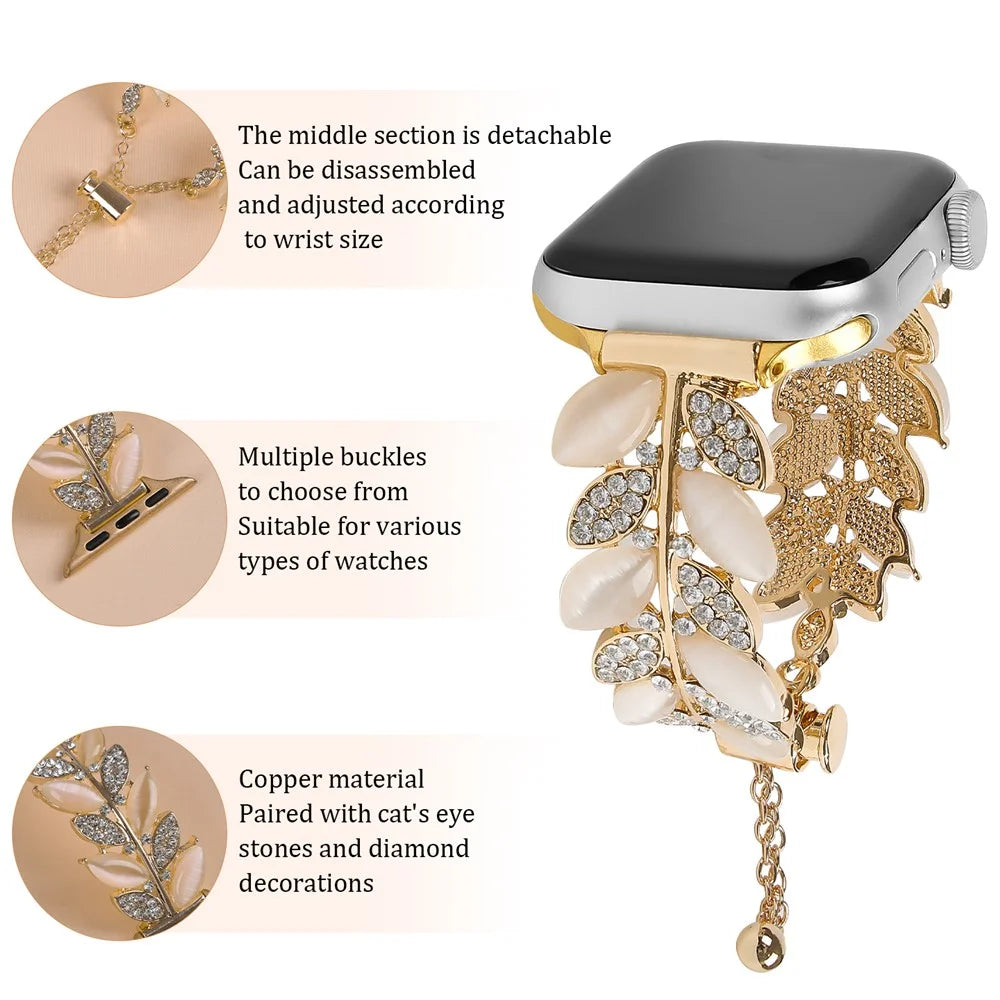 Alloy Watch Band for Apple Watch Apple Watch Ultra 3 2 1 49mm / Series 11 10 46mm / 9 8 7 45mm / SE3 SE2 SE 6 5 4 44mm / 3 2 1 42mm Leaf Style Rhinestone Decor Strap - Gold - 4