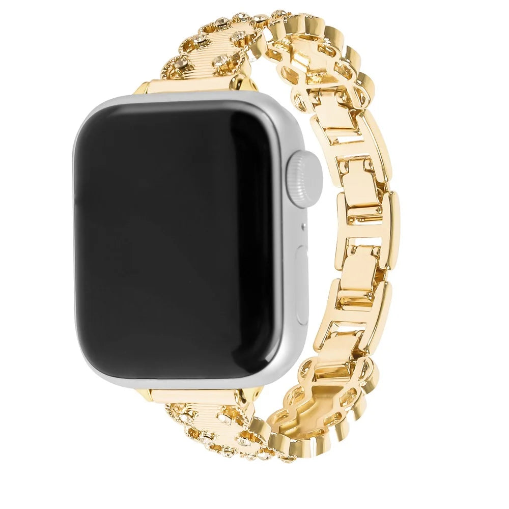 Lace Trim Watch Band for Apple Watch Series 11 10 42mm / 9 8 7 41mm / SE3 SE2 SE 6 5 4 40mm / 3 2 1 38mm Rhinestone Decor Alloy Strap - Gold - 2