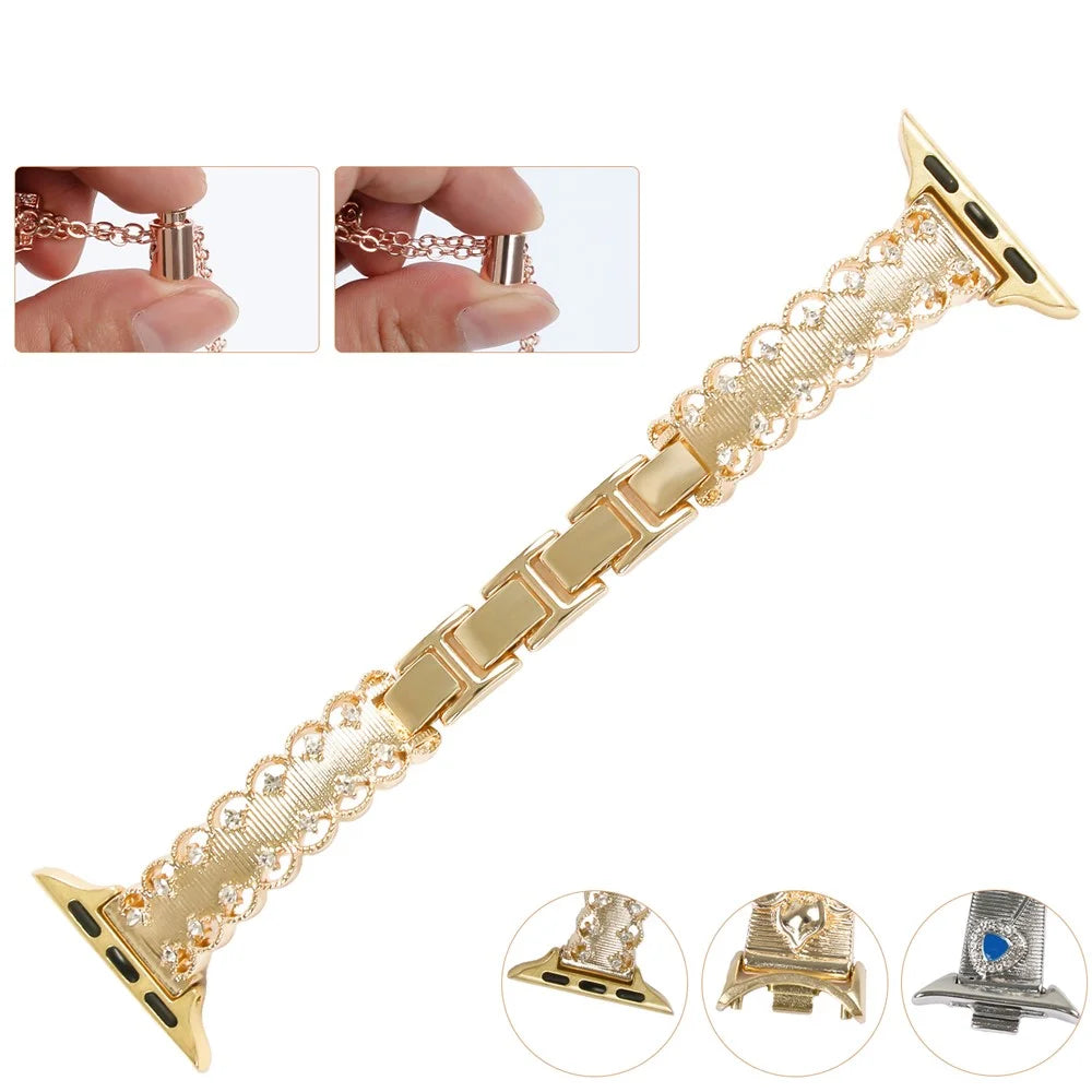 Lace Trim Watch Band for Apple Watch Series 11 10 42mm / 9 8 7 41mm / SE3 SE2 SE 6 5 4 40mm / 3 2 1 38mm Rhinestone Decor Alloy Strap - Gold - 3