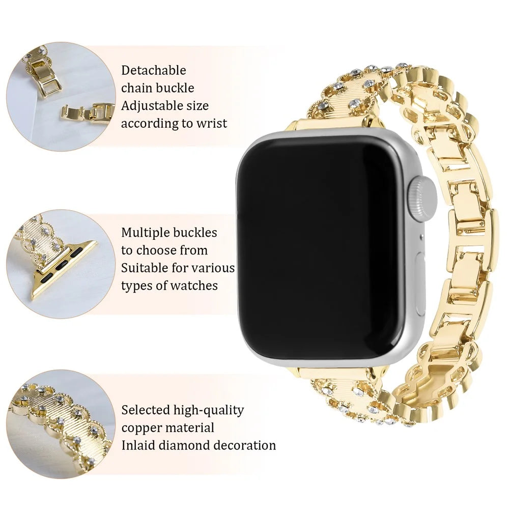 Lace Trim Watch Band for Apple Watch Series 11 10 42mm / 9 8 7 41mm / SE3 SE2 SE 6 5 4 40mm / 3 2 1 38mm Rhinestone Decor Alloy Strap - Gold - 4