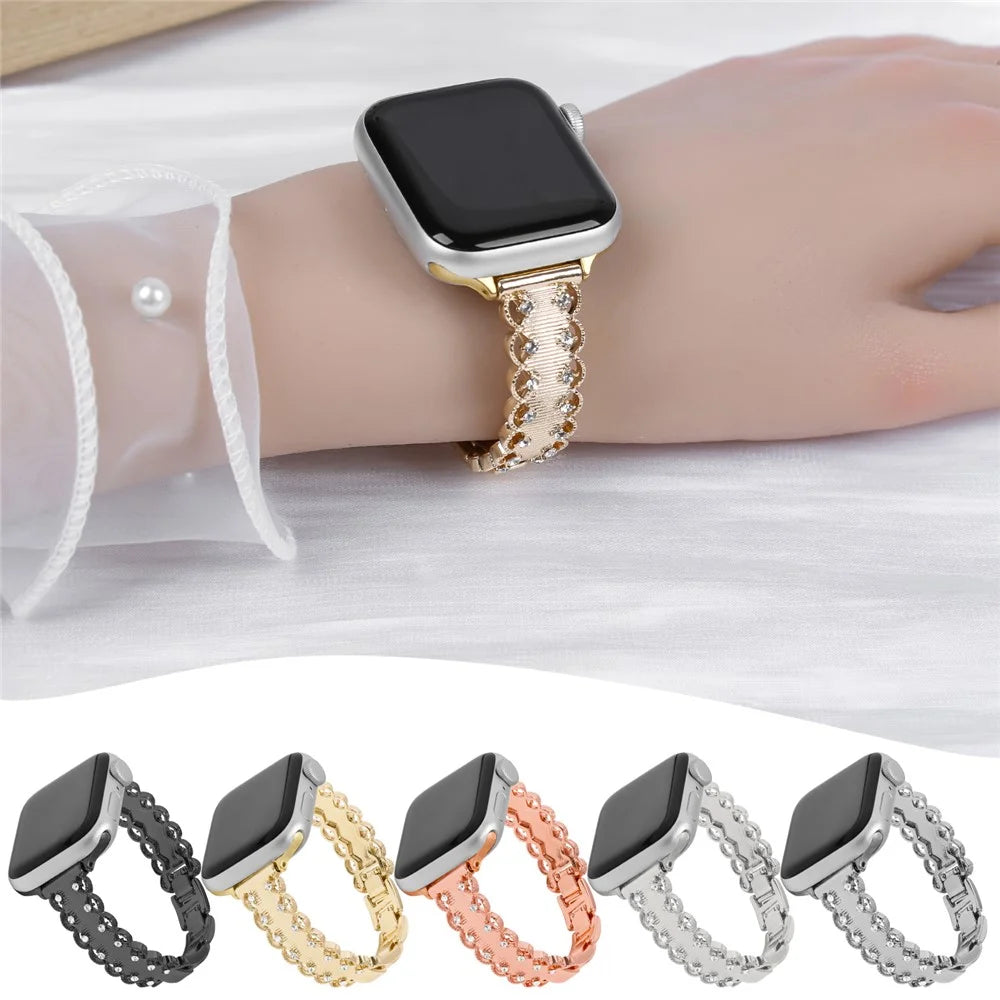 Lace Trim Watch Band for Apple Watch Series 11 10 42mm / 9 8 7 41mm / SE3 SE2 SE 6 5 4 40mm / 3 2 1 38mm Rhinestone Decor Alloy Strap - Gold - 6