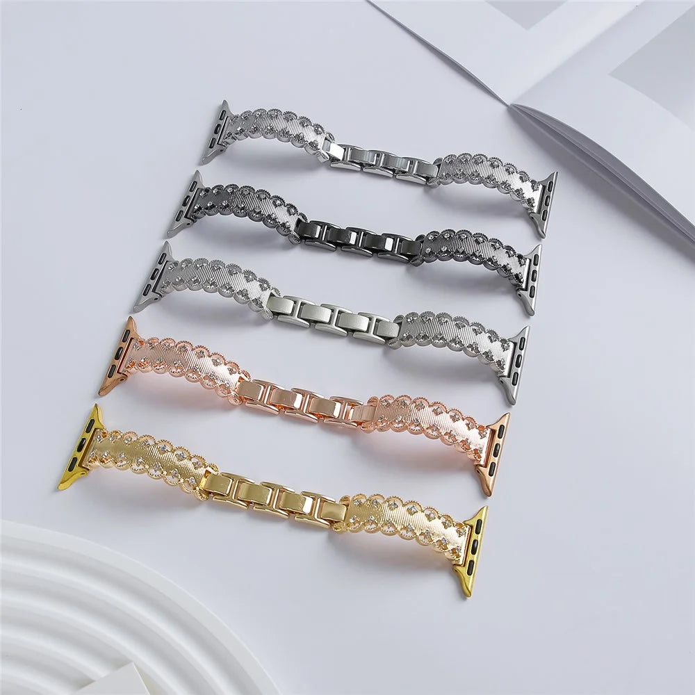 Lace Trim Watch Band for Apple Watch Series 11 10 42mm / 9 8 7 41mm / SE3 SE2 SE 6 5 4 40mm / 3 2 1 38mm Rhinestone Decor Alloy Strap - Gold - 7