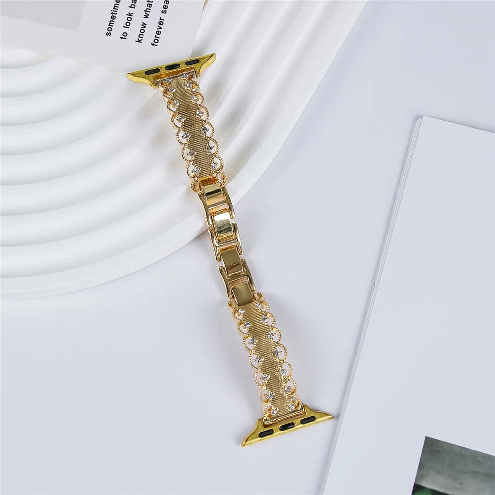 Lace Trim Watch Band for Apple Watch Apple Watch Ultra 3 2 1 49mm / Series 11 10 46mm / 9 8 7 45mm / SE3 SE2 SE 6 5 4 44mm / 3 2 1 42mm Rhinestone Decor Alloy Strap - Gold - 5