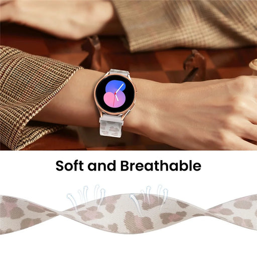 AHASTYLE WG07-SG Watch Band For Samsung Galaxy Watch6 / Watch 5 / Watch 4 40mm 44mm , 20mm Woven Nylon Breathable Strap - Beige Leopard Print - 2