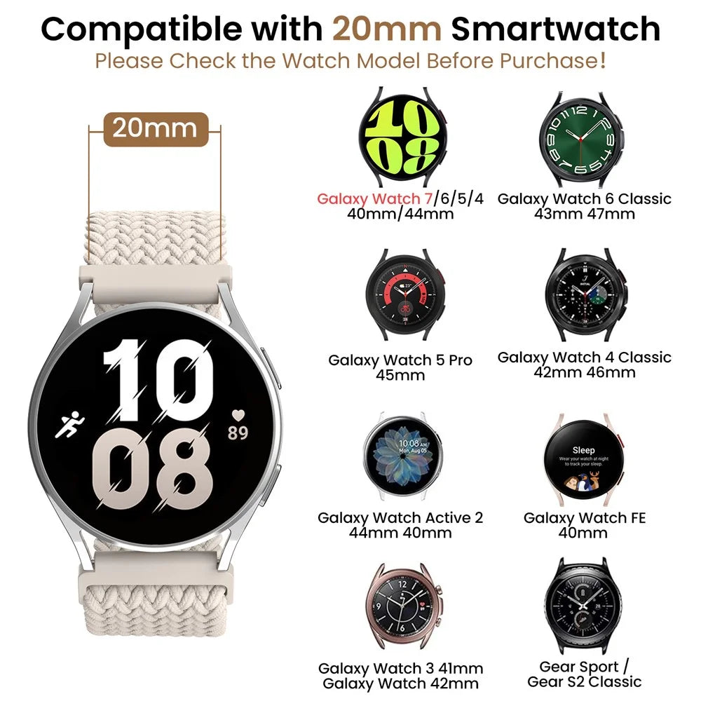AHASTYLE WE37 Watch Band For Samsung Galaxy Watch7 / Watch6 / Watch 5 / Watch 4 40mm 44mm , 20mm Double Loop Nylon Braided Strap - Starlight White - 2