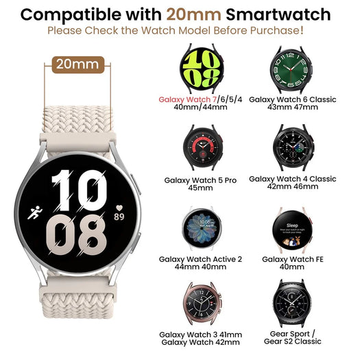 AHASTYLE WE37 Watch Band For Samsung Galaxy Watch7 / Watch6 / Watch 5 / Watch 4 40mm 44mm , 20mm Double Loop Nylon Braided Strap - Starlight White - 2