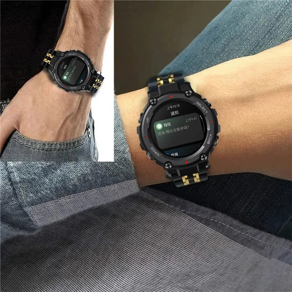 For Huami Amazfit T-Rex Pro A1918 Seven-bead Stainless Steel Watch Band with Butterfly Clasp - Black - 7