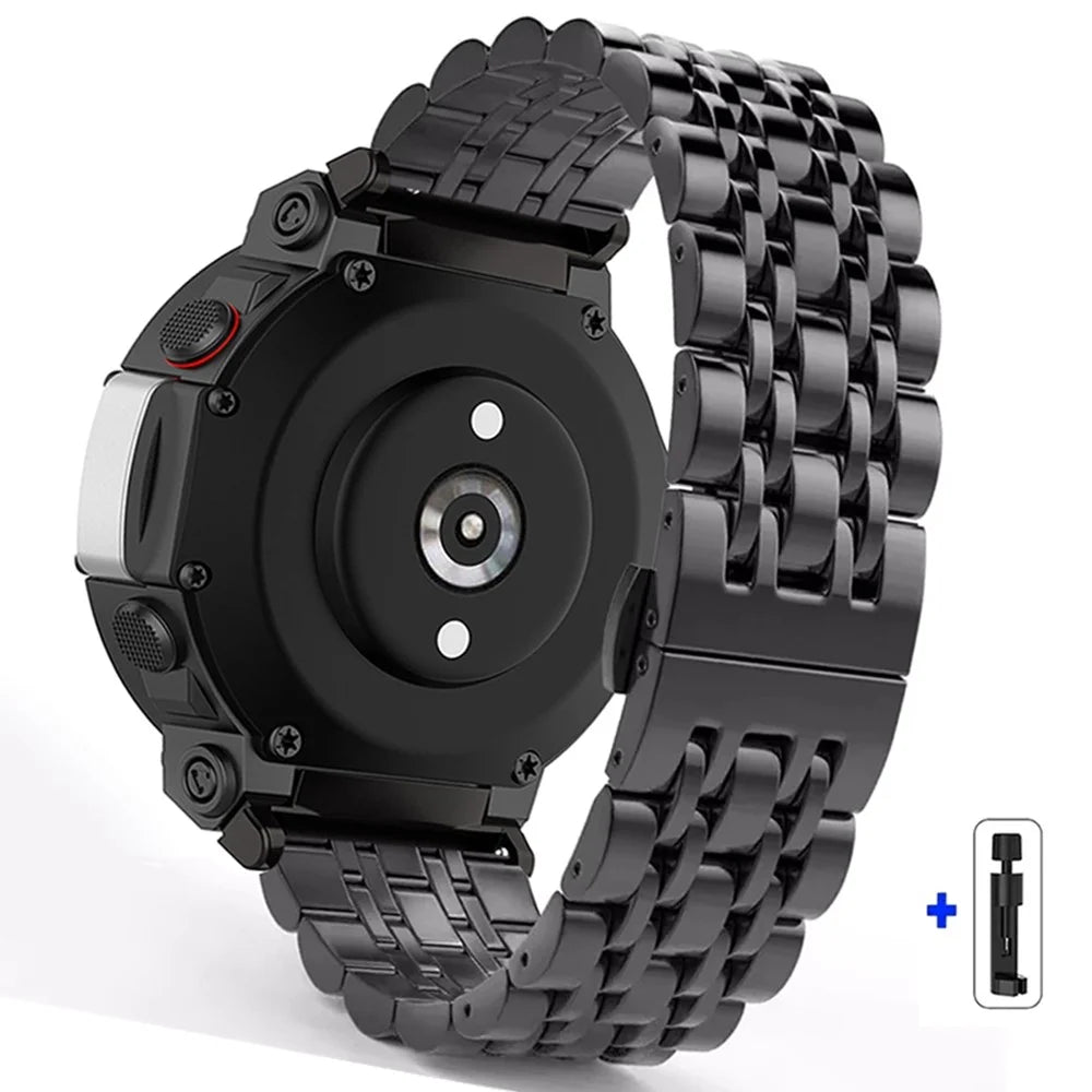 For Huami Amazfit T-Rex 2 Seven-bead Stainless Steel Watch Band with Butterfly Clasp - Black - 1