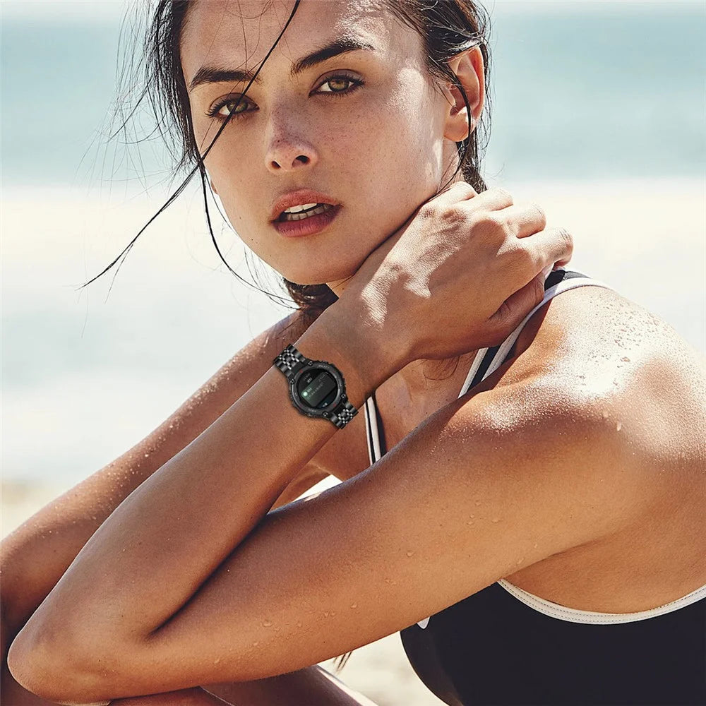 For Huami Amazfit T-Rex 3 A2322 Seven-bead Stainless Steel Watch Band with Butterfly Clasp - Black - 3