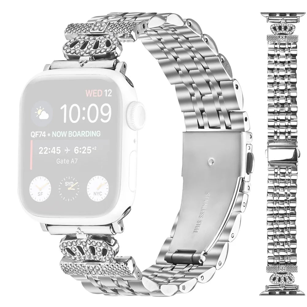 Watch Band For For Apple Watch Series 11 10 42mm / 9 8 7 41mm / SE3 SE2 SE 6 5 4 40mm / 3 2 1 38mm 7-Bead Rhinestone Crown Stainless Steel Strap Silver - 1