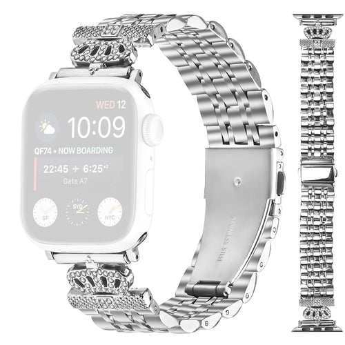 Watch Band For For Apple Watch Series 11 10 42mm / 9 8 7 41mm / SE3 SE2 SE 6 5 4 40mm / 3 2 1 38mm 7-Bead Rhinestone Crown Stainless Steel Strap Silver - 1