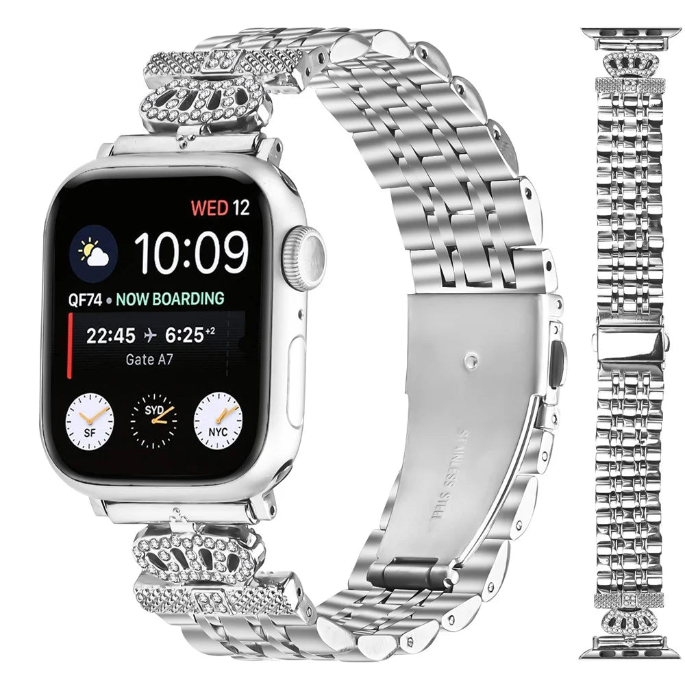 Watch Band For For Apple Watch Series 11 10 42mm / 9 8 7 41mm / SE3 SE2 SE 6 5 4 40mm / 3 2 1 38mm 7-Bead Rhinestone Crown Stainless Steel Strap Silver - 2