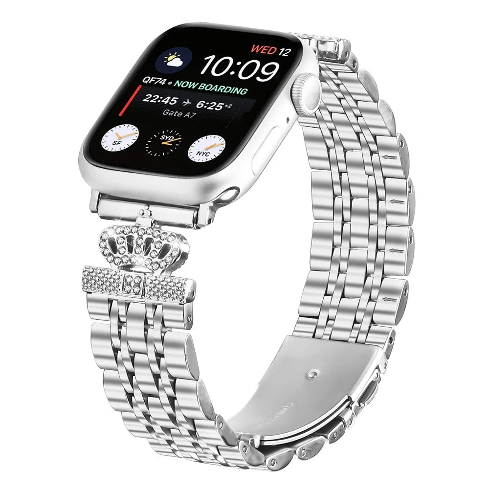 Watch Band For For Apple Watch Series 11 10 42mm / 9 8 7 41mm / SE3 SE2 SE 6 5 4 40mm / 3 2 1 38mm 7-Bead Rhinestone Crown Stainless Steel Strap Silver - 3