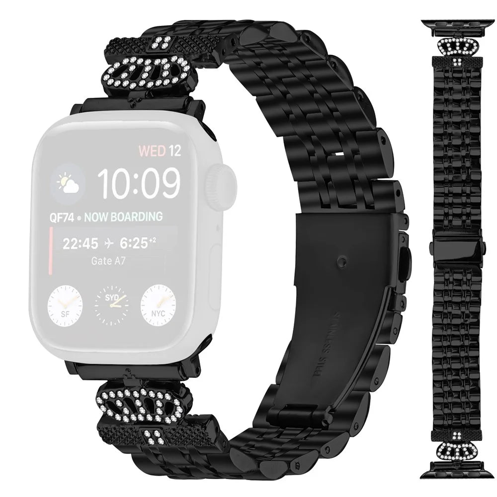 Watch Band For Apple Watch Series 11 10 42mm / 9 8 7 41mm / SE3 SE2 SE 6 5 4 40mm / 3 2 1 38mm 7-Bead Rhinestone Crown Stainless Steel Strap - Black - 1